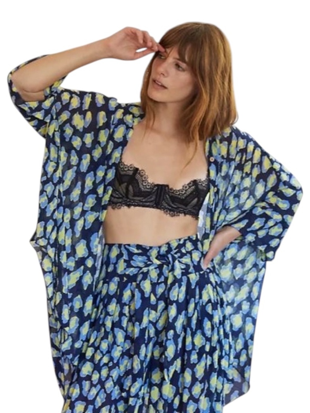 Free People Wake Up Top Oversized Navy Yellow Print NWT Small